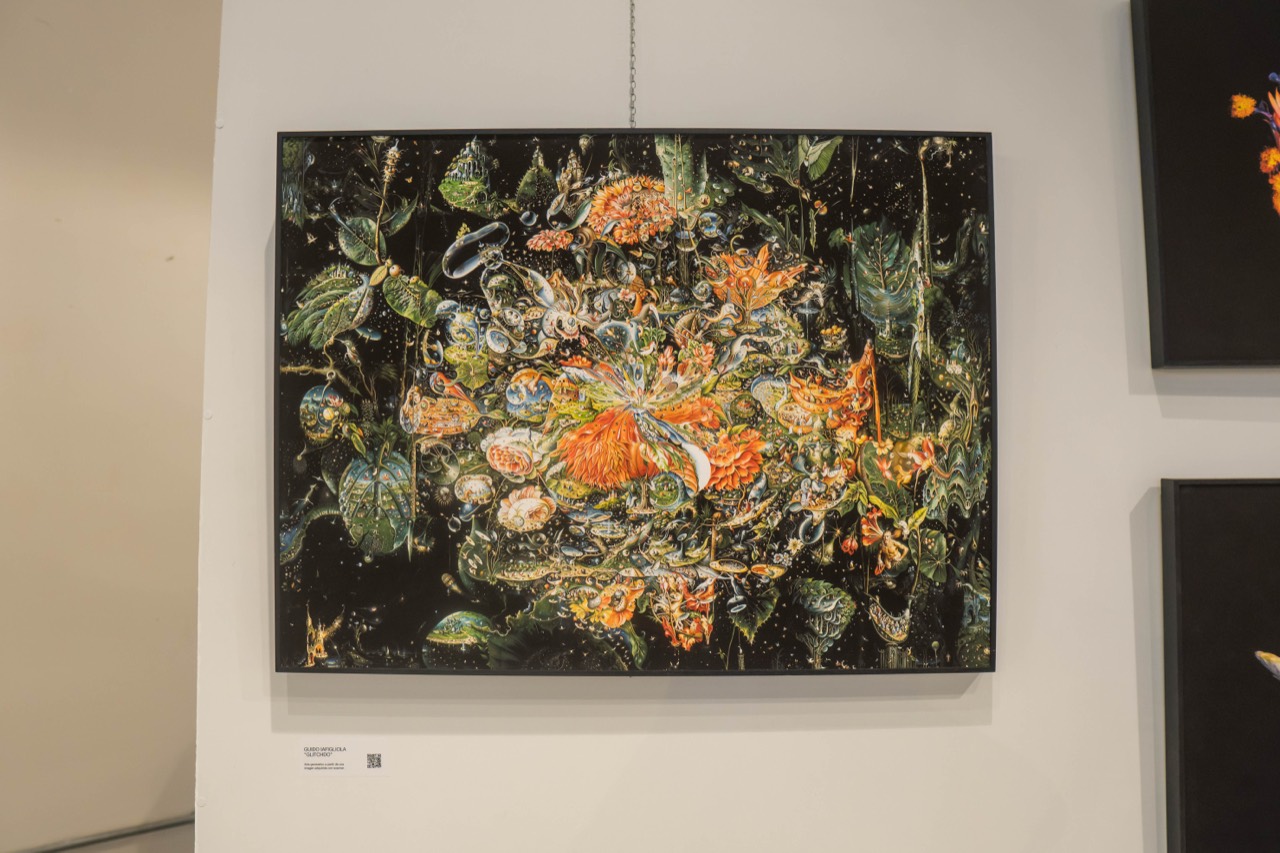 Sinergia — pintura de flores sobre fondo oscuro.